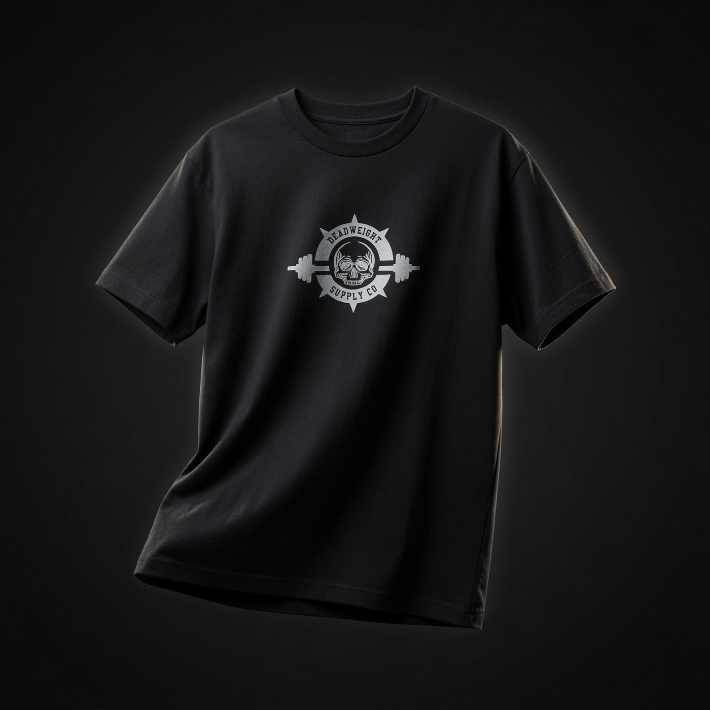Barbell Heavyweight Tee — front, small chest badge, Deadweight Supply Co.