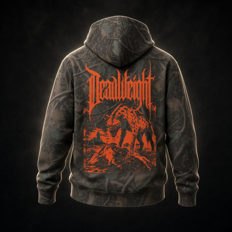 Tyrant Heavyweight Hoodie in darkwood camo, back view, burnt-orange Deadweight blackletter and hyena print
