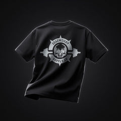 Barbell Heavyweight Tee — back, oversized badge, Deadweight Supply Co.
