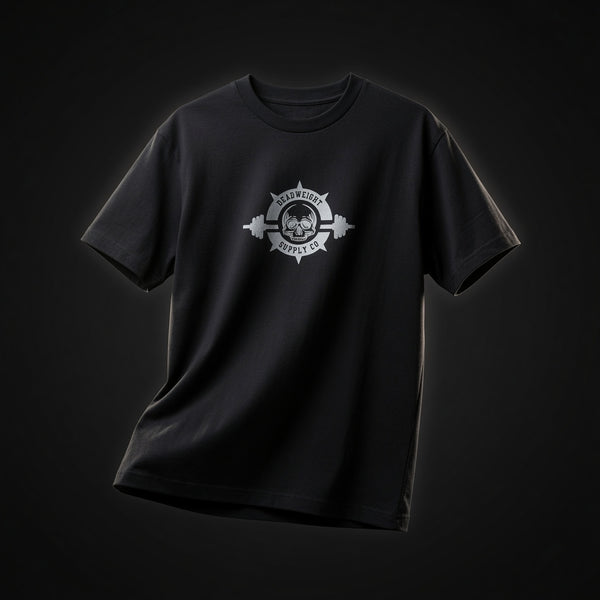 Barbell Heavyweight Tee — front, small chest badge, Deadweight Supply Co.