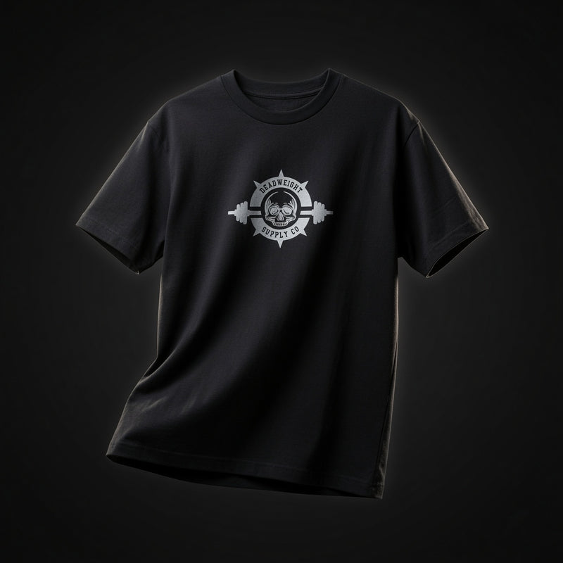 Barbell Heavyweight Tee — front, small chest badge, Deadweight Supply Co.