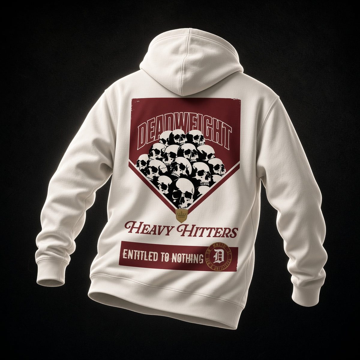 Heavy Hitters Heavyweight Hoodie in bone, back view, skull pile under Deadweight arch, Entitled to Nothing