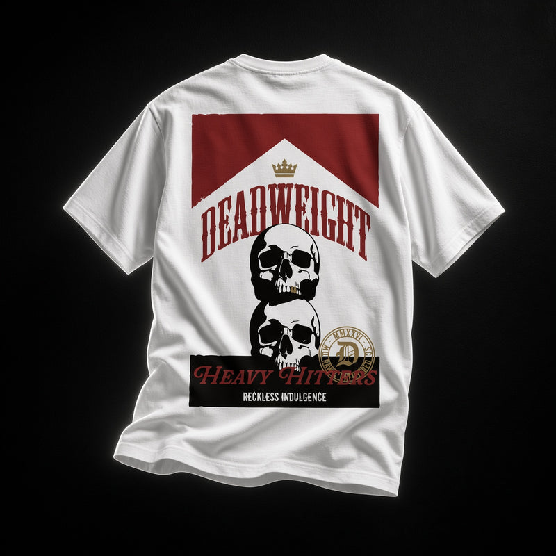 Heavy Hitters Heavyweight Tee in white, back view, stacked skulls under Deadweight crown