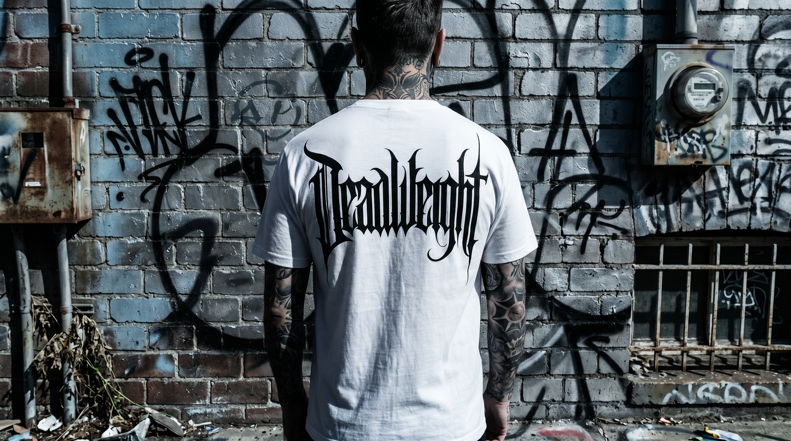 Tyrant Heavyweight Tee — on-body lifestyle shot, gothic back script