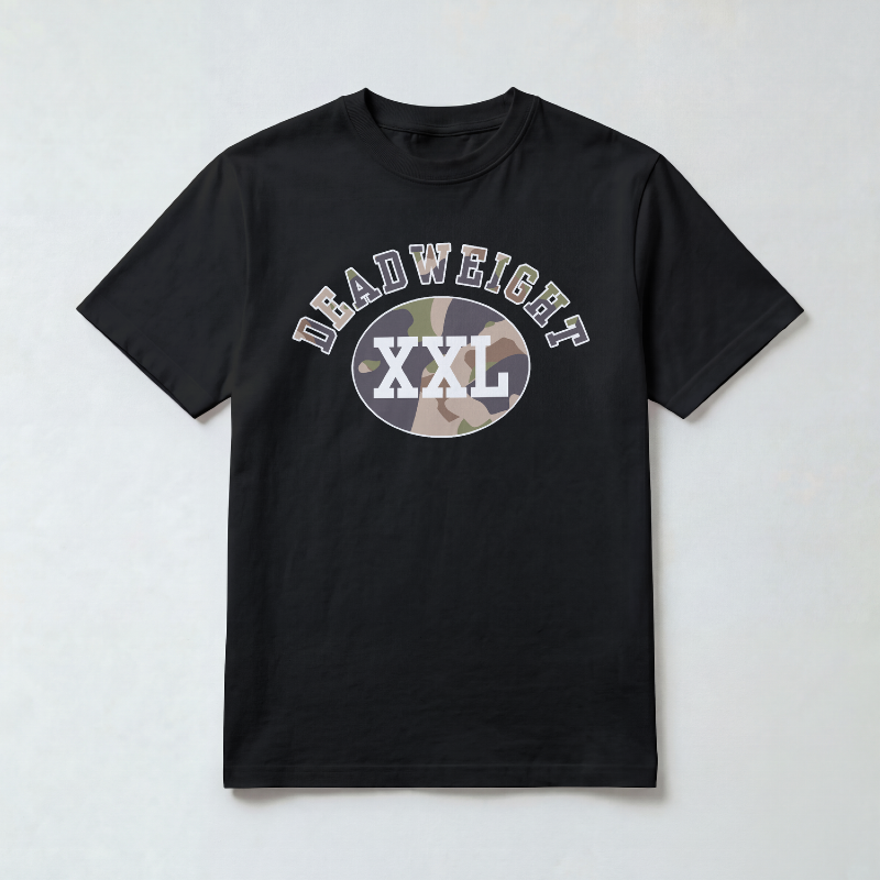 Varsity Tee in Black/Camo — heavyweight graphic tee, Deadweight Supply Co.